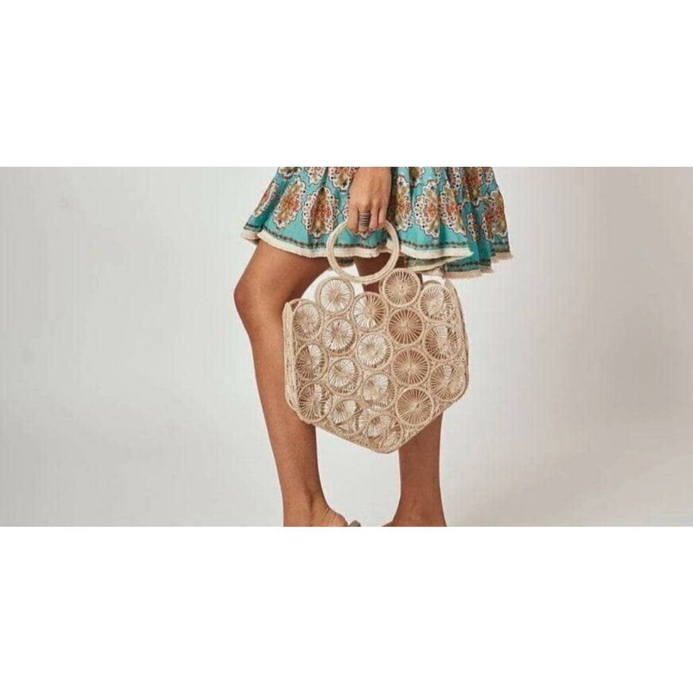 Guadalupe Alamo Basket Bag Neutral Tan Open Weave Artsy Coastal Boho Unique NWT